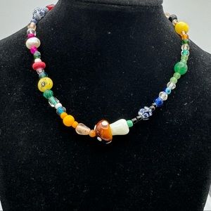 Mushroom Pearl Stone Art Glass Handmade Beaded Multicolor Choker Necklace 14”